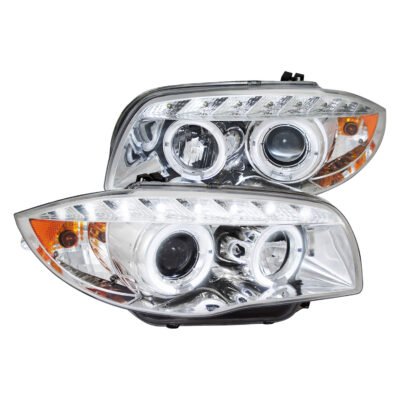 Fits 2004-2013 BMW E81 E82 E87 E88 Dual Halo Projector Headlights w/ LED Light Strip (Chrome Housing/Clear Lens)