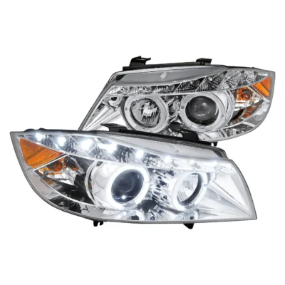 Fits 2006-2008 BMW E90 3 Series Sedan Dual Halo Projector Headlights w/ LED Light Strip (Chrome Housing/Clear Lens)