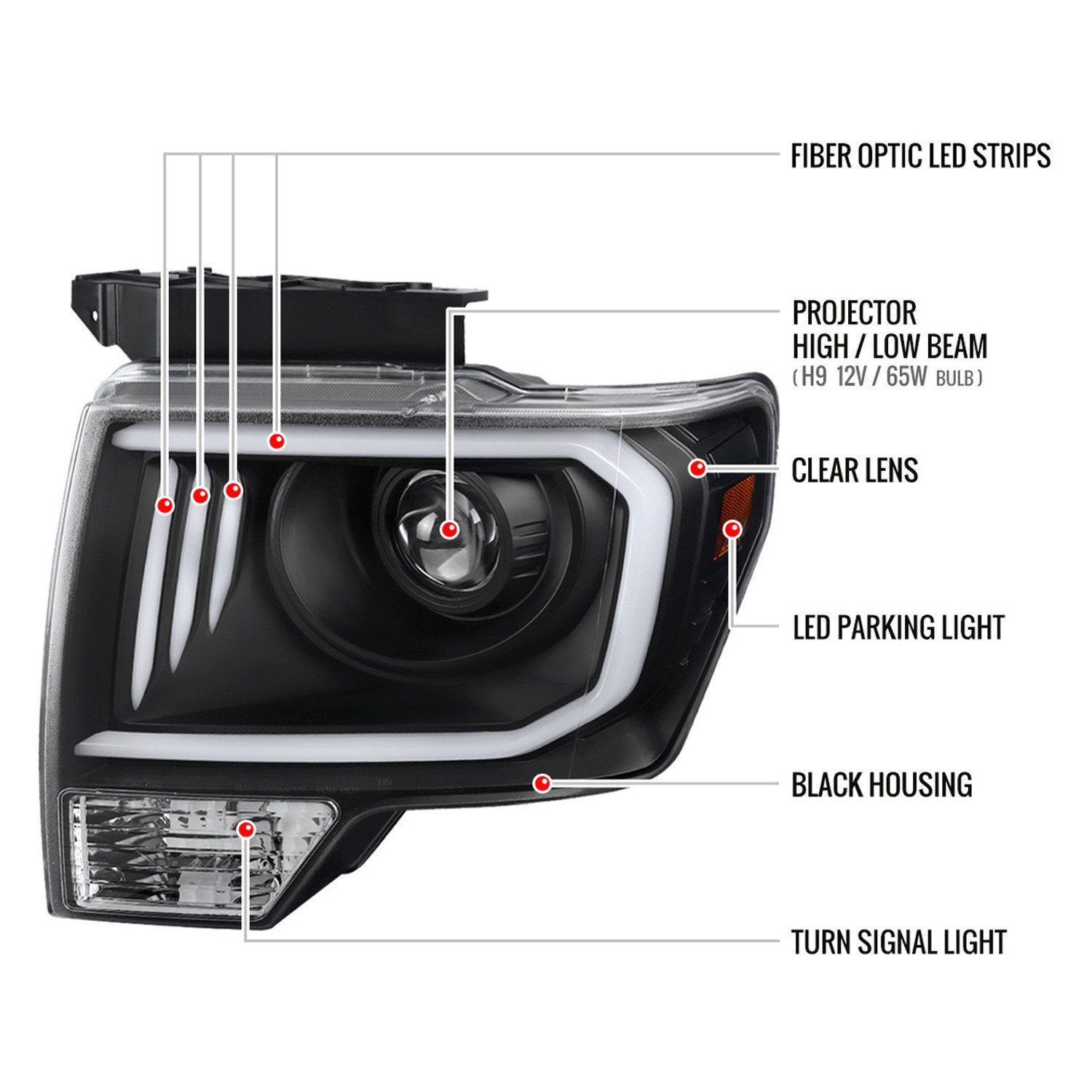 Fits 2009-2014 Ford F-150 LED C-Bar Projector Headlights (Matte Black Housing/Clear Lens) - Image 2