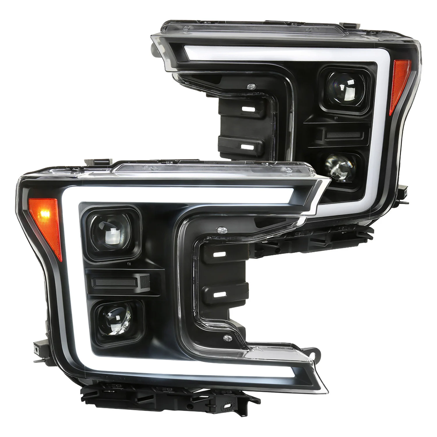 Fits 2018-2020 Ford F-150 LED C-Bar Projector Headlights w/ Switchback Sequential Turn Signal Lights (Matte Black Housing / Clear Lens)