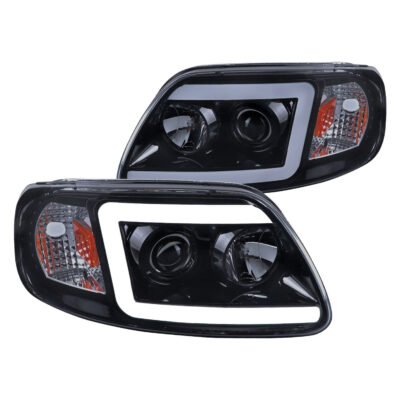 Fits 1997-2004 Ford F-150 / 1997-2002 Expedition LED C-Bar Projector Headlights (Glossy Black Housing/Smoked Lens)