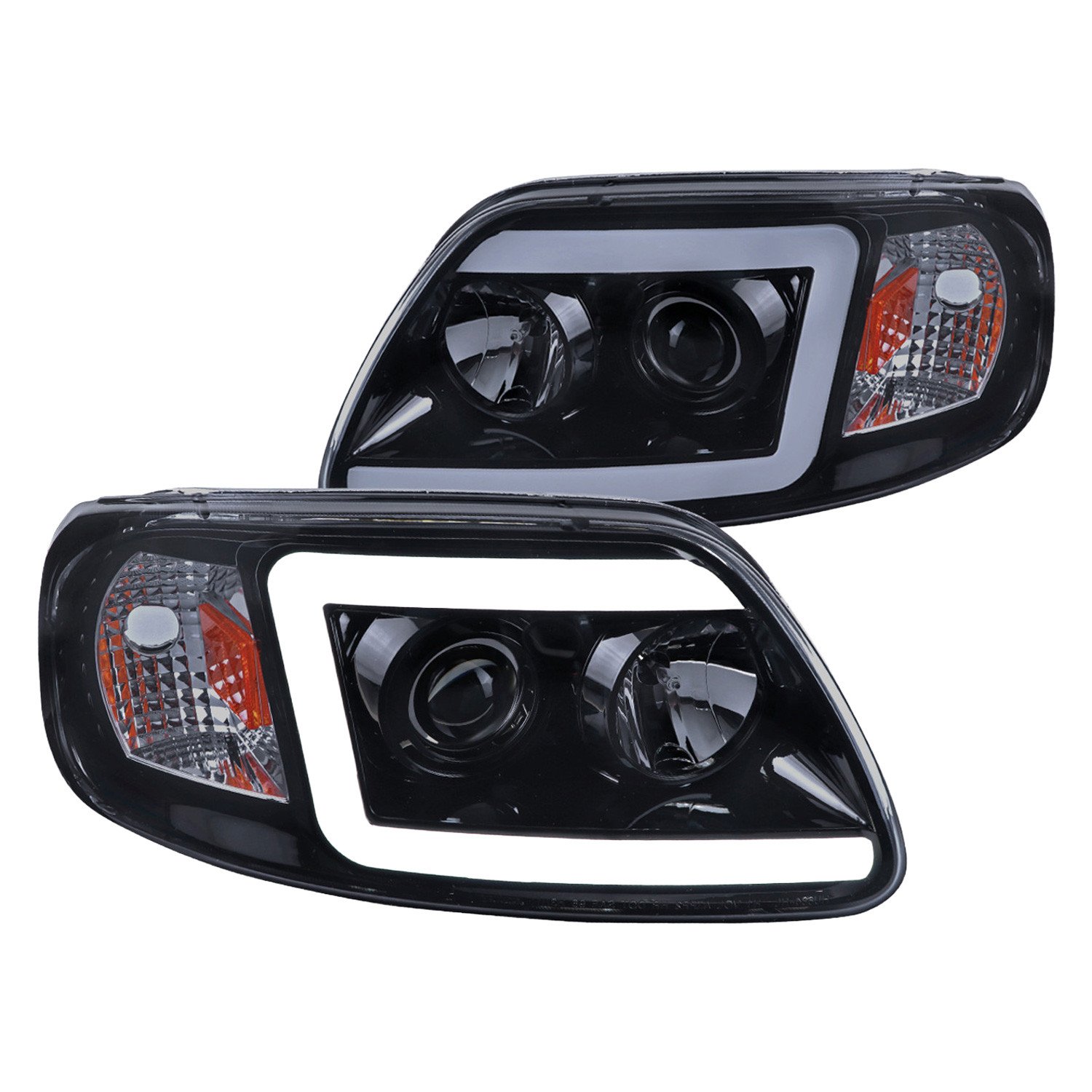 Fits 1997-2004 Ford F-150 / 1997-2002 Expedition LED C-Bar Projector Headlights (Glossy Black Housing/Smoked Lens)
