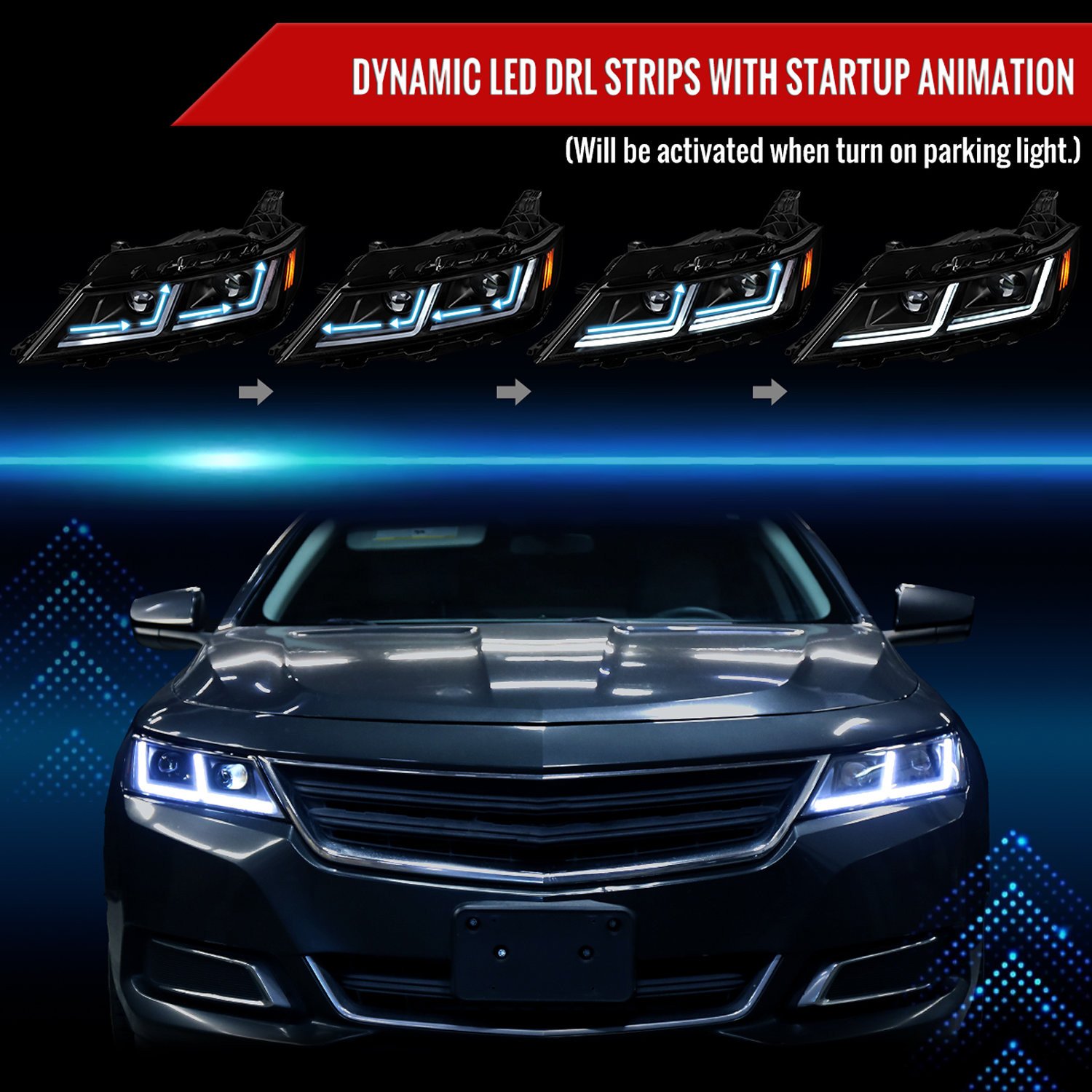 Fits 2014-2020 Chevy Impala LED DRL Sequential Projector Headlights (Matte Black Housing / Clear Lens) - Image 7