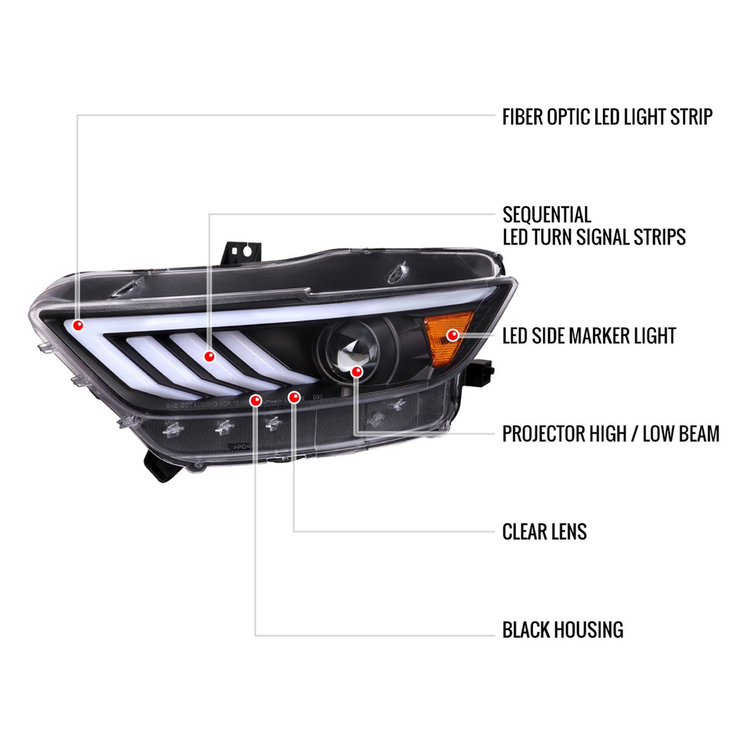 Fits 2015-2017 Ford Mustang HID-Type LED Sequential Turn Signal Projector Headlights (Matte Black Housing/Clear Lens) - Image 6
