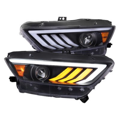 Fits 2015-2017 Ford Mustang HID-Type LED Sequential Turn Signal Projector Headlights (Matte Black Housing/Clear Lens)