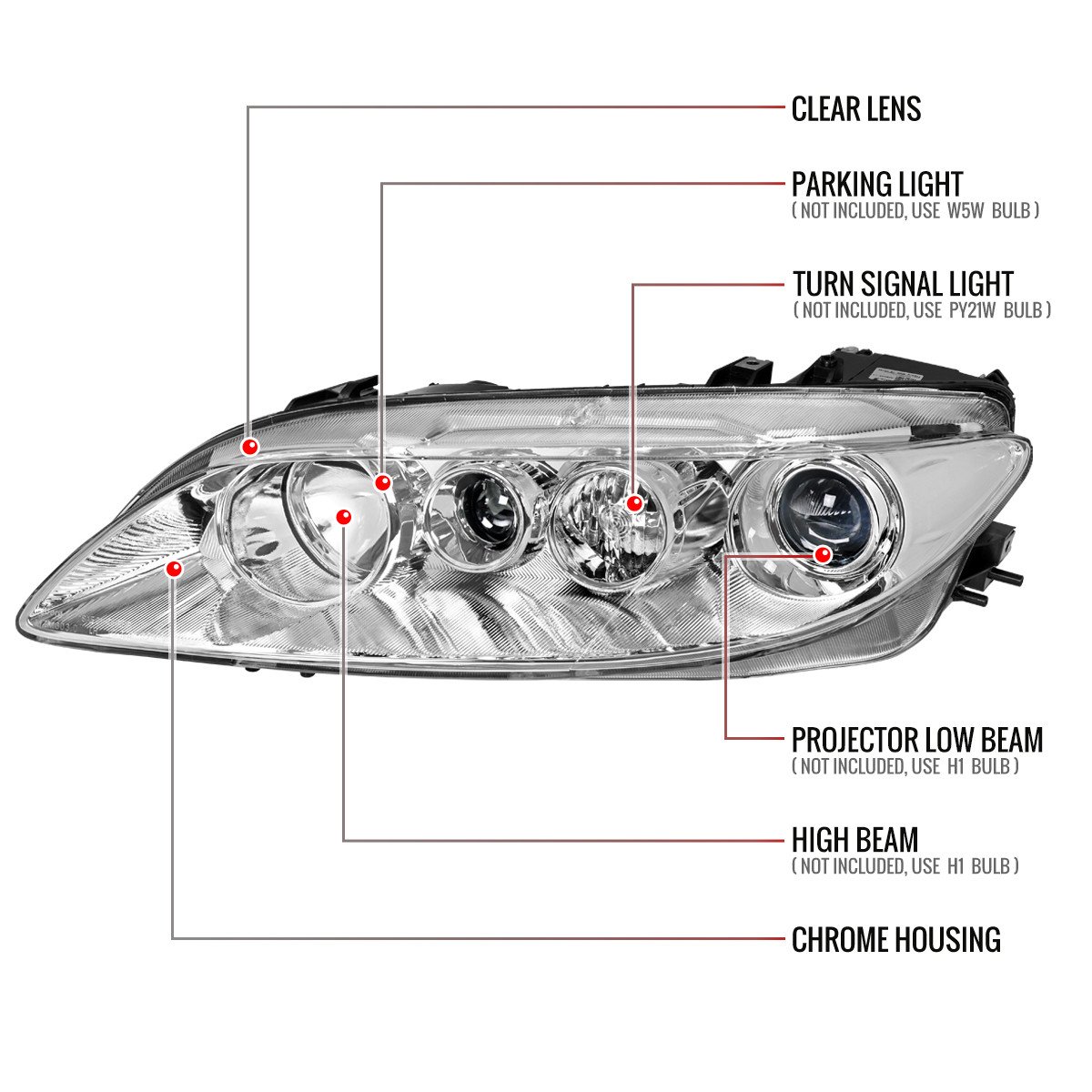 Fits 2003-2005 Mazda 6 Factory Style Projector Headlights (Chrome Housing/Clear Lens) - Image 2