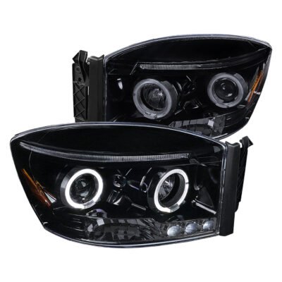 Fits 2006-2008 Dodge RAM 1500/ 2006-2009 RAM 2500 3500 Dual Halo Projector Headlights (Glossy Black Housing/Smoked Lens)