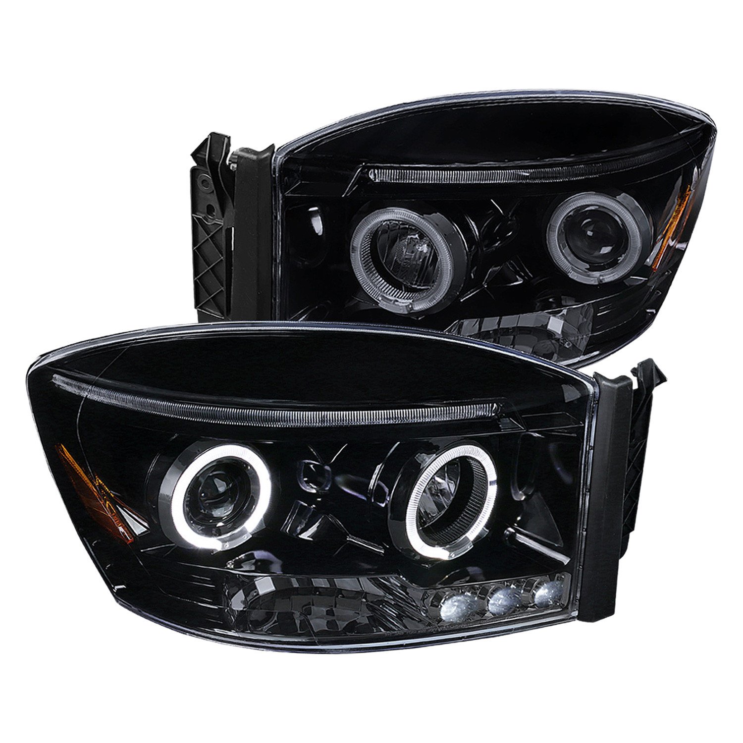 Fits 2006-2008 Dodge RAM 1500/ 2006-2009 RAM 2500 3500 Dual Halo Projector Headlights (Glossy Black Housing/Smoked Lens)