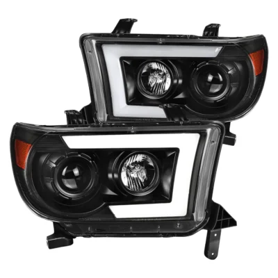Fits 2007-2013 Toyota Tundra/ 2008-2017 Sequoia LED C-Bar Projector Headlights w/ Switchback Sequential Turn Signals (Matte Black Housing/Clear Lens)