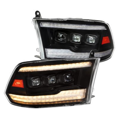 Fits 2009-2018 Dodge RAM 1500 / 2019 RAM Classic / 2010-2018 RAM 2500 3500 Projector Headlights w/ Amber LED Sequential Turn Signal (Matte Black Housing/Clear Lens)