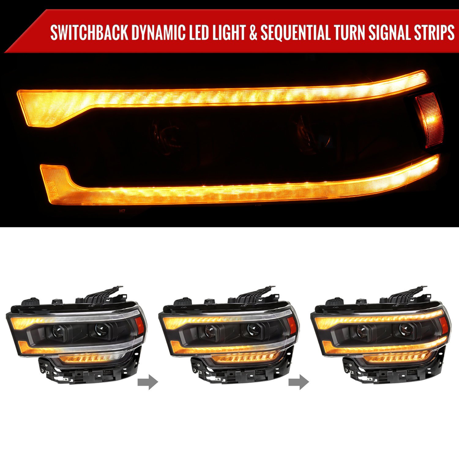 Fits 2019-2024 Dodge RAM 2500/3500/4500/5500 Projector Headlights w/ Amber LED Sequential Turn Signal & Starup Animation (Matte Black Housing/Clear Lens) - Image 8