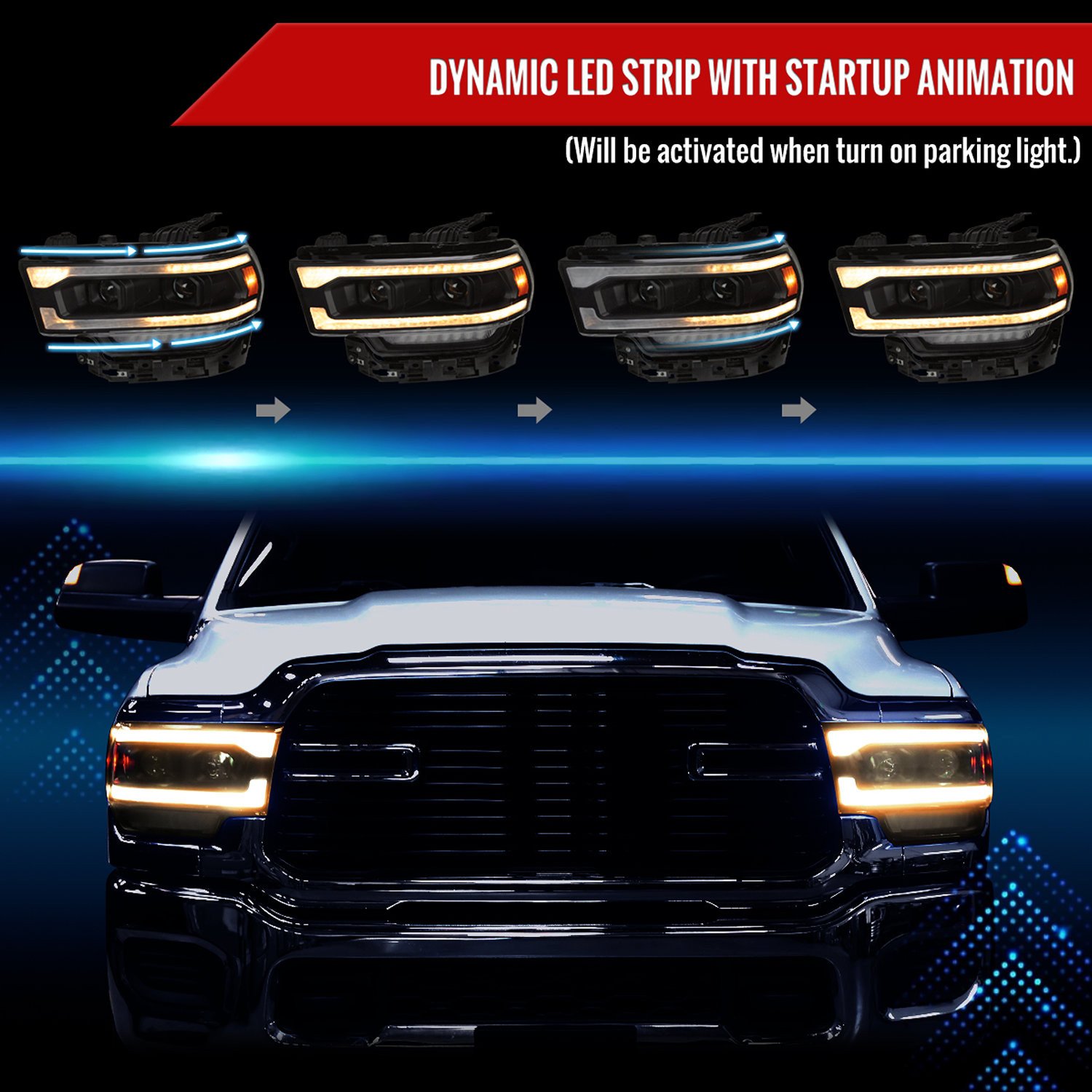 Fits 2019-2024 Dodge RAM 2500/3500/4500/5500 Projector Headlights w/ Amber LED Sequential Turn Signal & Starup Animation (Matte Black Housing/Clear Lens) - Image 7