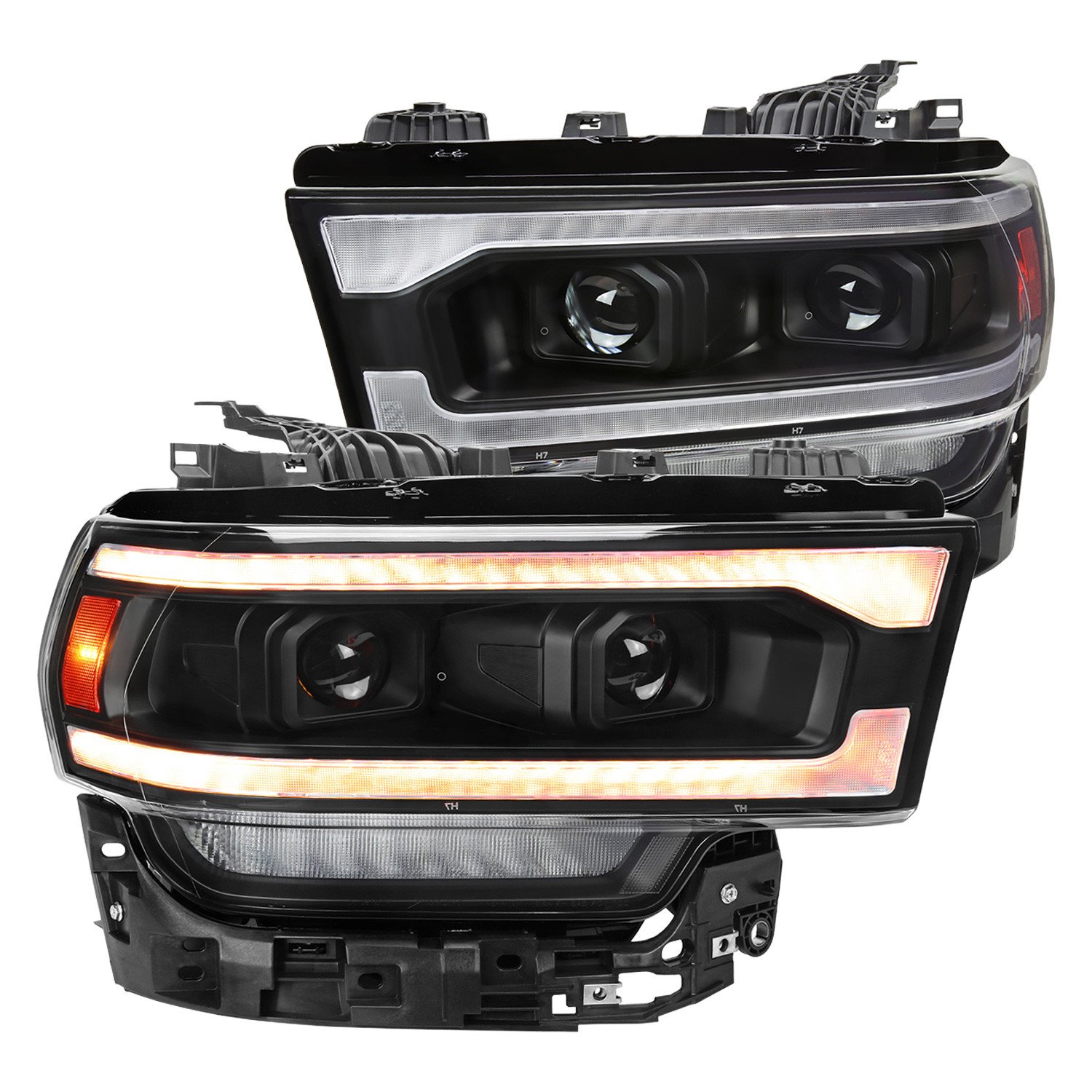 Fits 2019-2024 Dodge RAM 2500/3500/4500/5500 Projector Headlights w/ Amber LED Sequential Turn Signal & Starup Animation (Matte Black Housing/Clear Lens)
