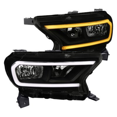 Fits 2019-2023 Ford Ranger XL XLT Factory Style Replacement Headlights with LED Bar Turn Signal (Glossy Black Housing / Smoked Lens)