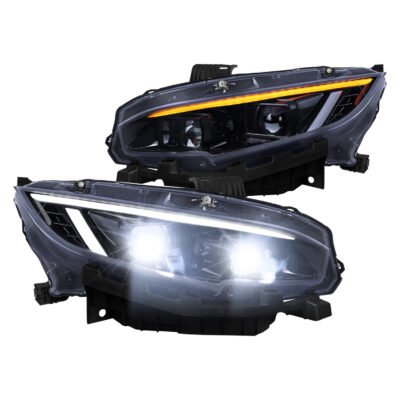Fits 2016-2021 Honda Civic Full LED Projector Headlights w/ Switchback LED Sequential Turn Signals DRL Parking Strip (Glossy Black Housing / Smoked Lens)