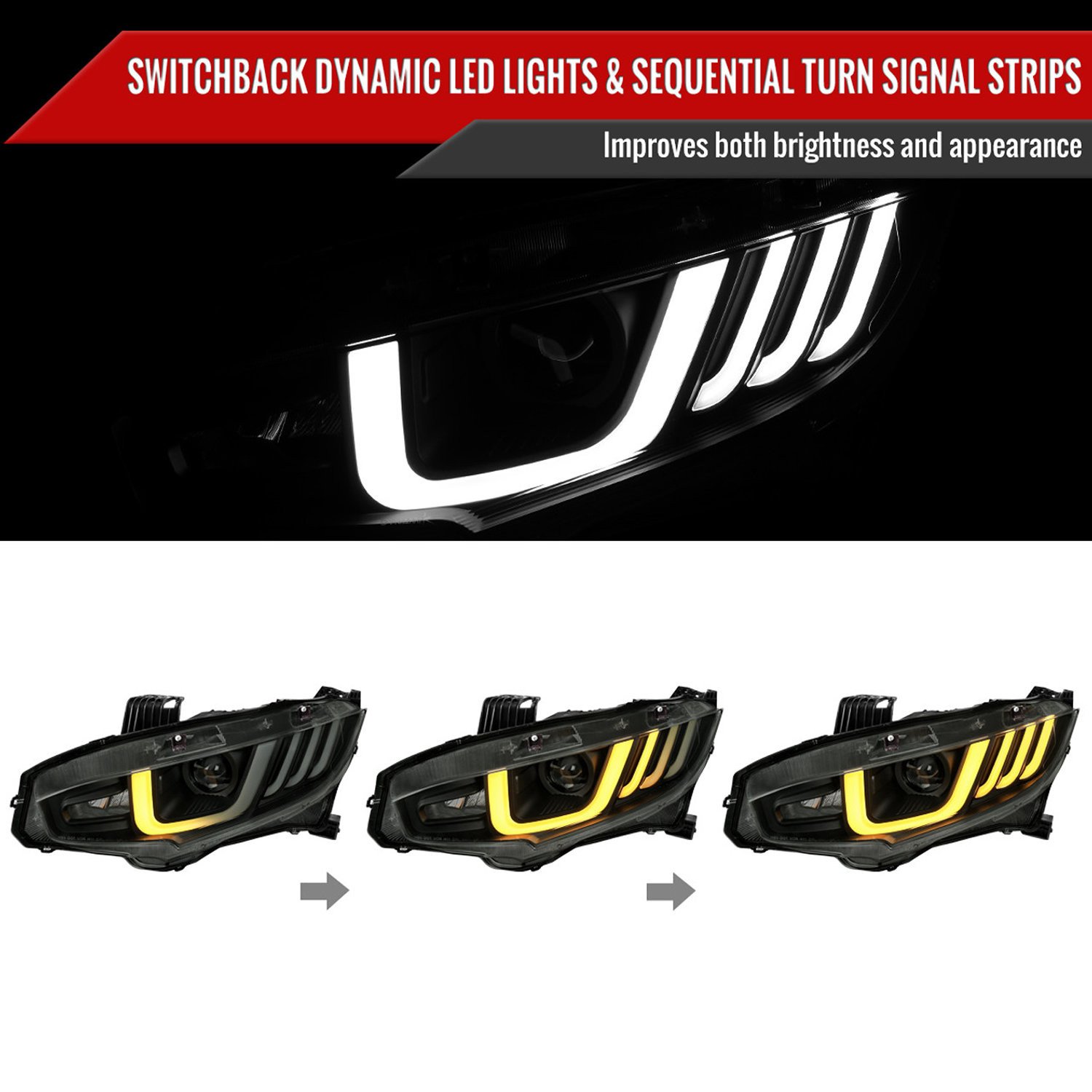 Fits 2016-2021 Honda Civic Full LED Projector Headlights w/ Switchback Sequential Turn Signal (Matte Black Housing/Smoked Lens) - Image 9