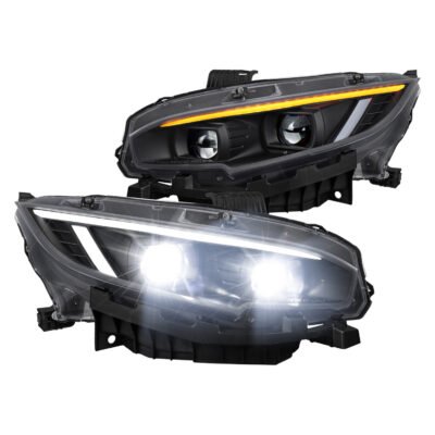 Fits 2016-2021 Honda Civic Full LED Projector Headlights w/ Switchback LED Sequential Turn Signals DRL Parking Strip (Matte Black Housing / Clear Lens)