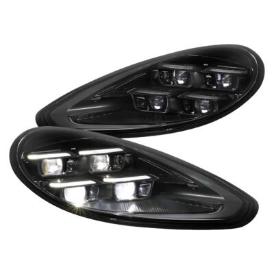 Fits 2014-2016 Porsche Panamera 970.2 Matrix Style LED Projector Headlights w/ DRL for Factory HID (Matte Black Housing / Glossy Black Accents / Clear Lens)