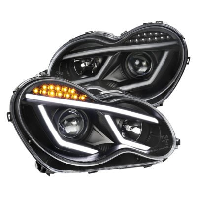 Fits 2001-2007 Mercedes Benz W203 C Class Sedan Projector Headlights w/ LED Light Bar & LED Turn Signal Lights (Matte Black Housing/Clear Lens)