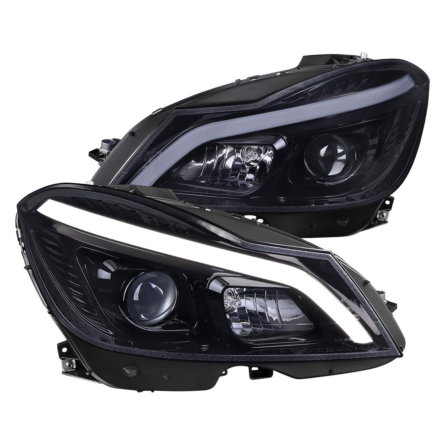 Fits 2012-2014 Mercedes-Benz W204 C-Class Switchback Sequential LED Bar Projector Headlights (Matte Black Housing/Smoked Lens)