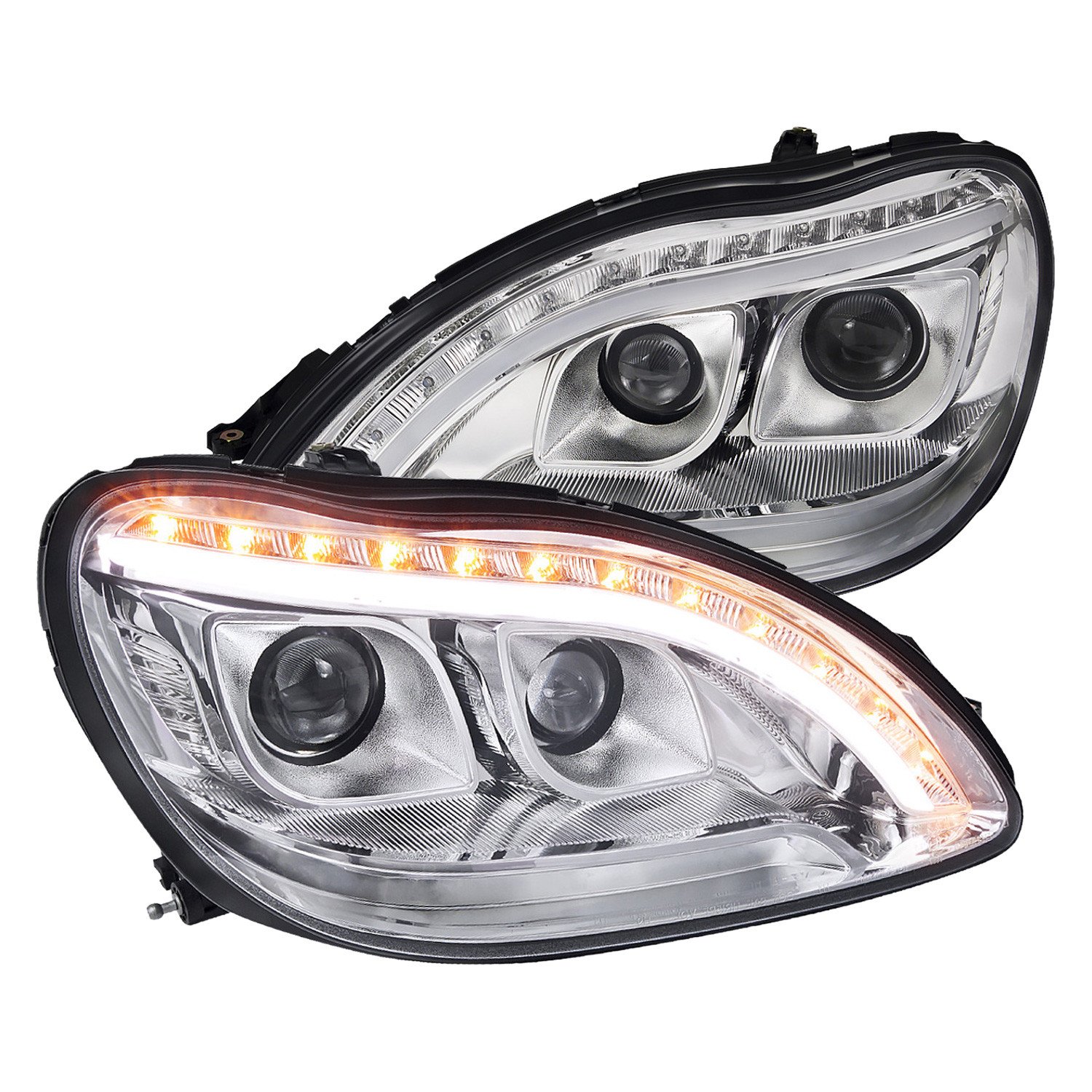 Fits 1998-2006 Mercedes Benz W220 S Class LED Bar Projector Headlights w/ LED Turn Signal Lights (Chrome Housing/Clear Lens)