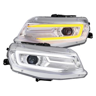 Fits 2016-2018 Chevrolet Camaro LED Strip Projector Headlights w/ Sequential Turn Signal Lights (Chrome Housing/Clear Lens)
