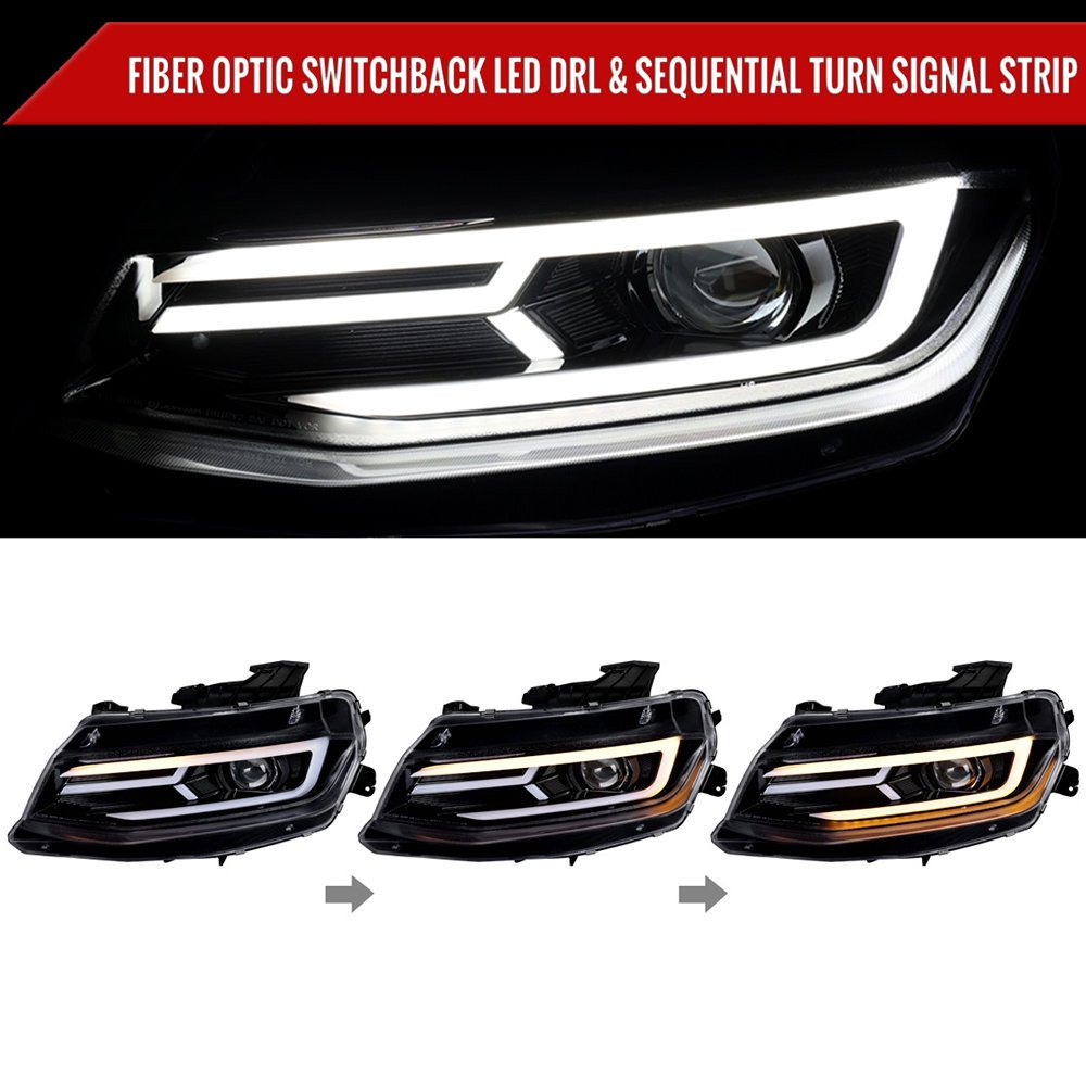 Fits 2016-2018 Chevrolet Camaro LED Strip Projector Headlights w/ Sequential Turn Signal Lights (Glossy Black Housing/Clear Lens) - Image 8