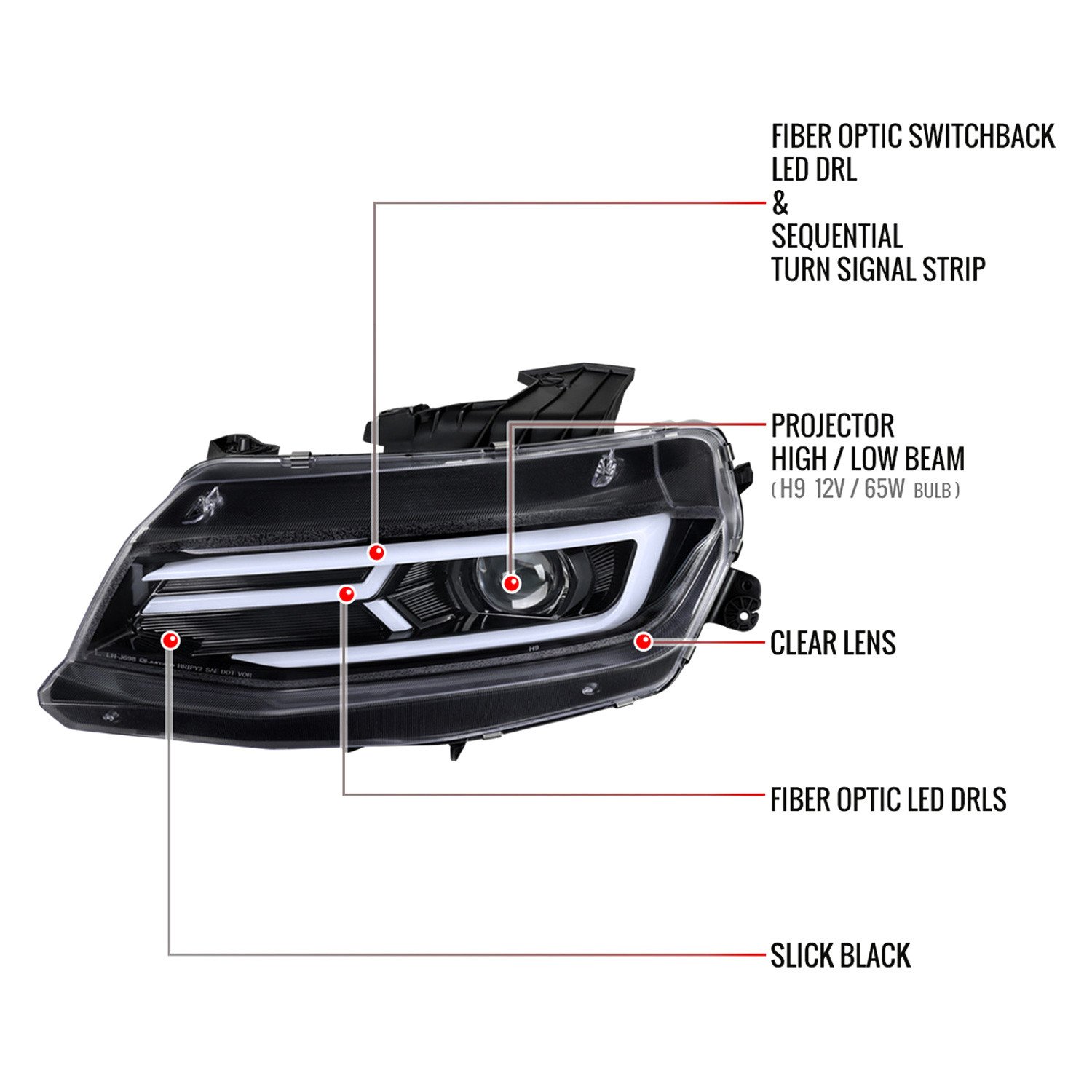 Fits 2016-2018 Chevrolet Camaro LED Strip Projector Headlights w/ Sequential Turn Signal Lights (Glossy Black Housing/Clear Lens) - Image 2