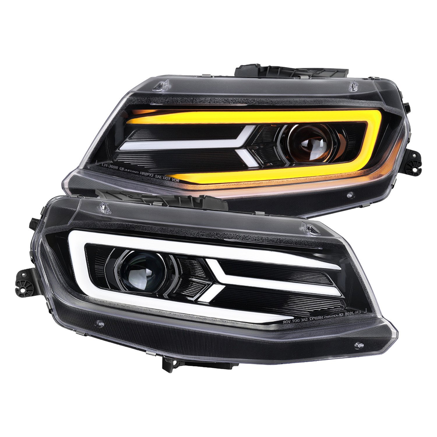 Fits 2016-2018 Chevrolet Camaro LED Strip Projector Headlights w/ Sequential Turn Signal Lights (Glossy Black Housing/Clear Lens)