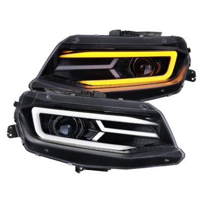 Fits 2016-2018 Chevrolet Camaro LED Strip Projector Headlights w/ Sequential Turn Signal Lights (Chrome Housing/Smoked Lens)