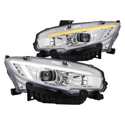 Fits 2016-2021 Honda Civic Projector Headlights w/ Switchback LED Sequential Turn Signals DRL Parking Light Strip (Chrome Housing / Clear Lens)