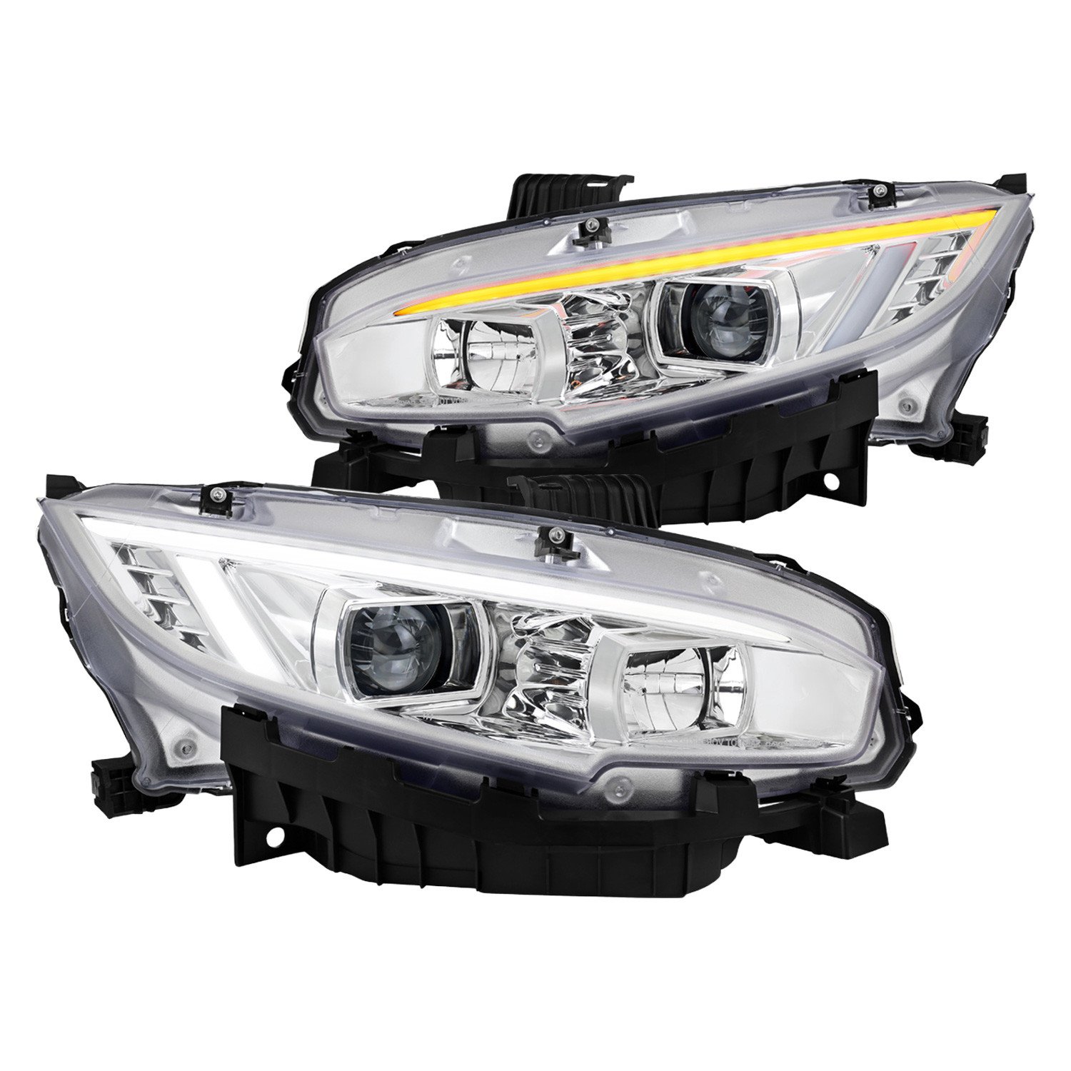 Fits 2016-2021 Honda Civic Projector Headlights w/ Switchback LED Sequential Turn Signals DRL Parking Light Strip (Chrome Housing / Clear Lens)