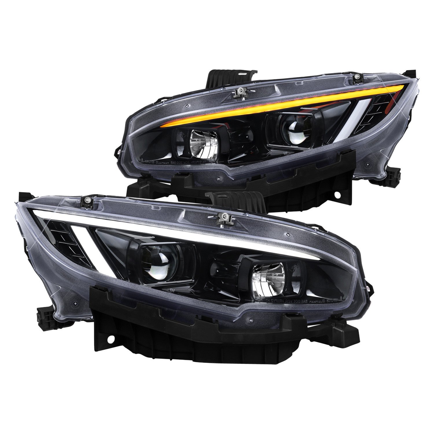 Fits 2016-2021 Honda Civic Projector Headlights w/ Switchback LED Sequential Turn Signals DRL Parking Light Strip (Jet Black Housing / Clear Lens)
