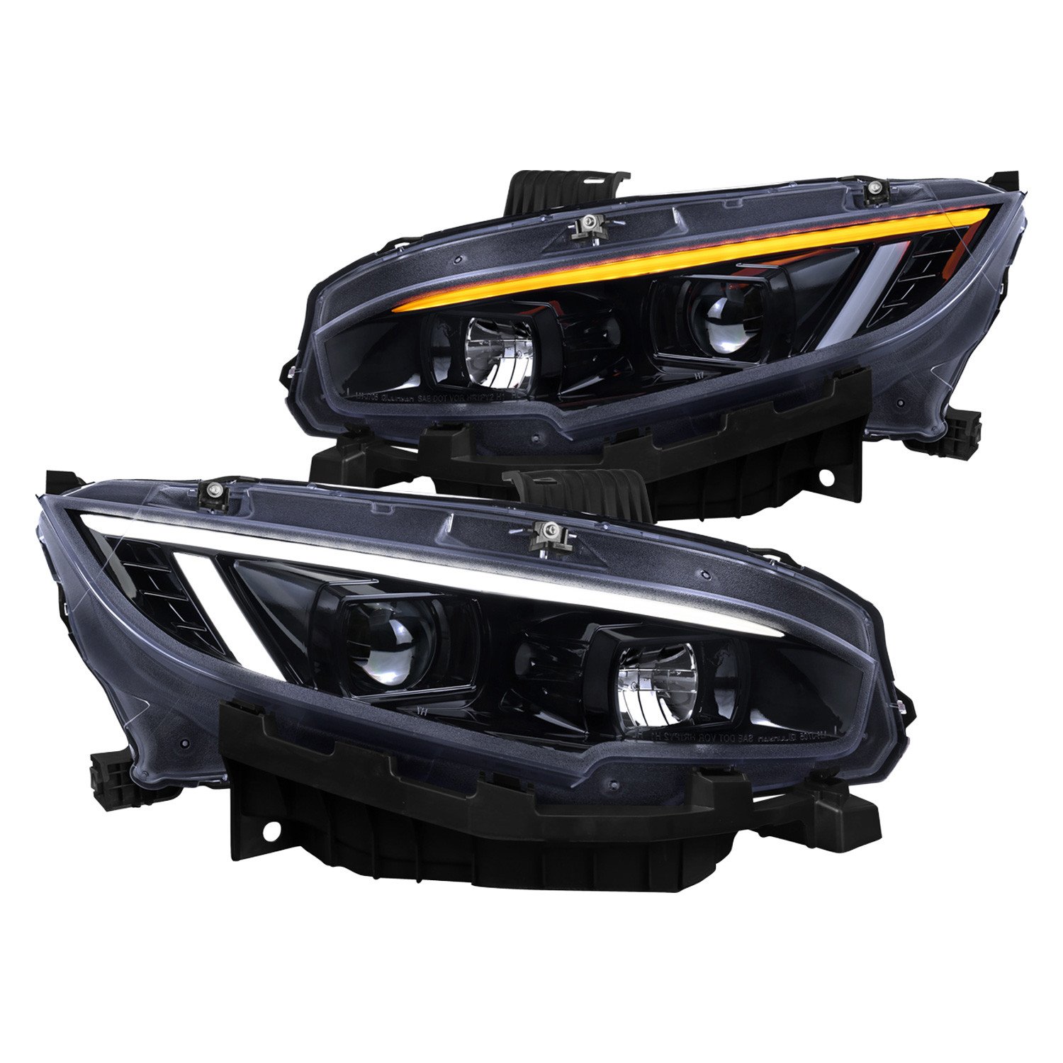 Fits 2016-2021 Honda Civic Projector Headlights w/ Switchback LED Sequential Turn Signals DRL Parking Light Strip (Glossy Black Housing / Smoked Lens)