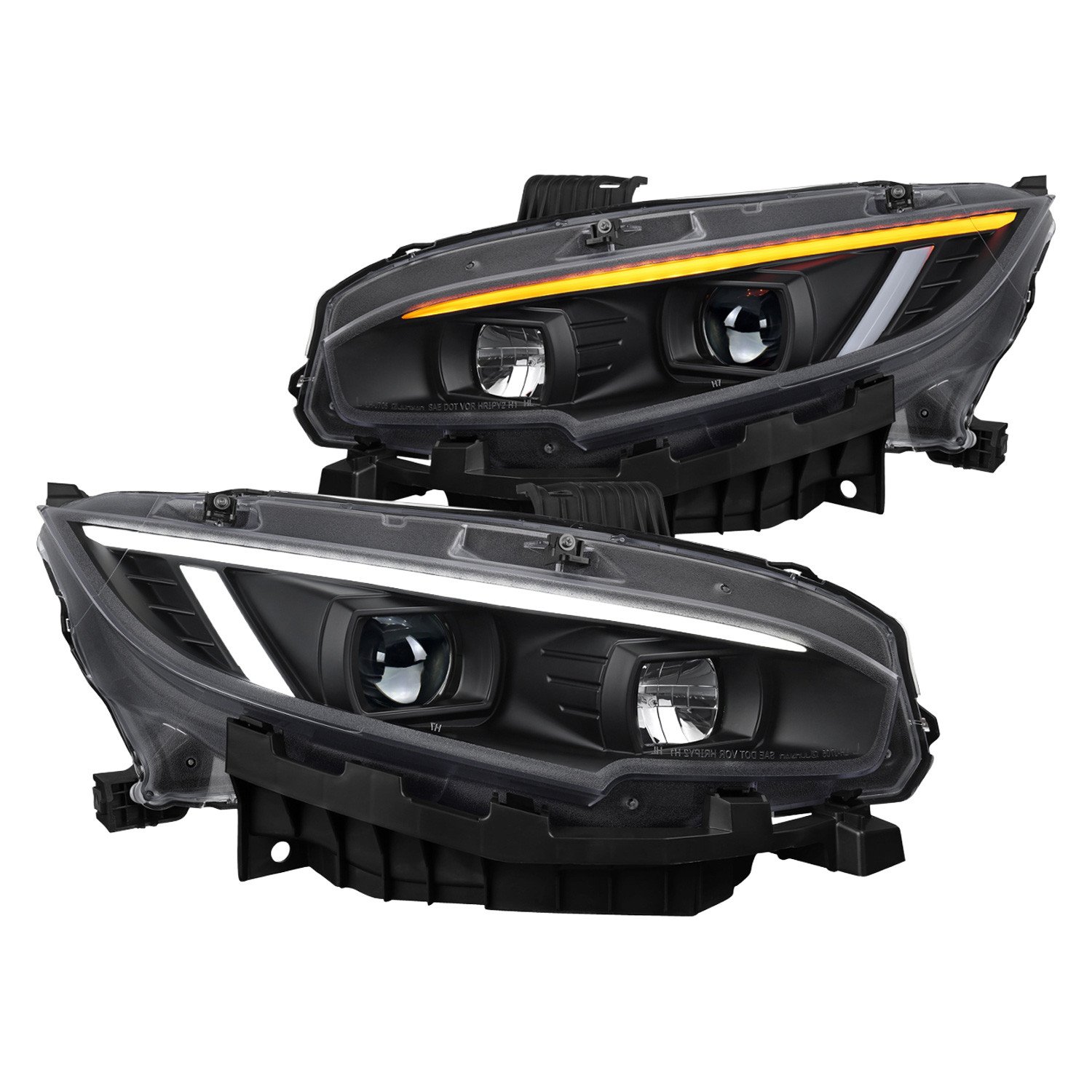 Fits 2016-2021 Honda Civic Projector Headlights w/ Switchback LED Sequential Turn Signals DRL Parking Light Strip (Matte Black Housing / Clear Lens)