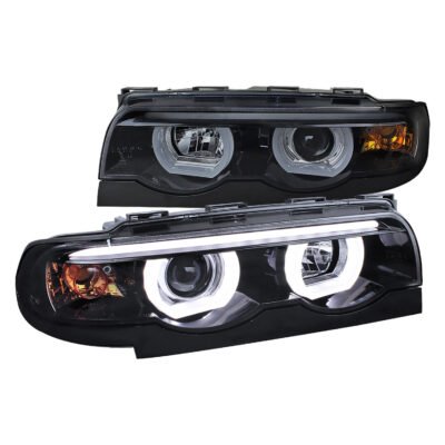 Fits 1995-2001 BMW E38 7 Series LED Bar Dual Halo Projector Headlights (Glossy Black Housing/Smoked Lens)