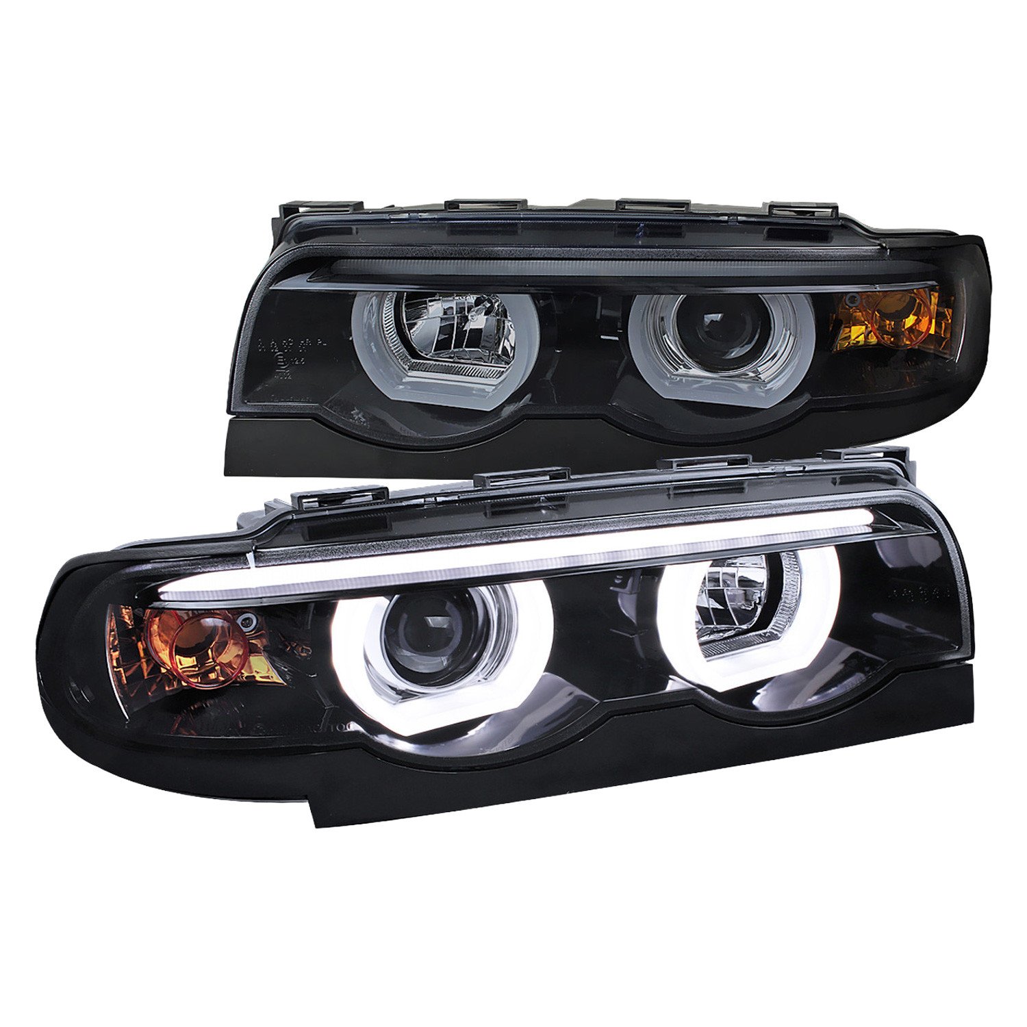 Fits 1995-2001 BMW E38 7 Series LED Bar Dual Halo Projector Headlights (Glossy Black Housing/Smoked Lens)